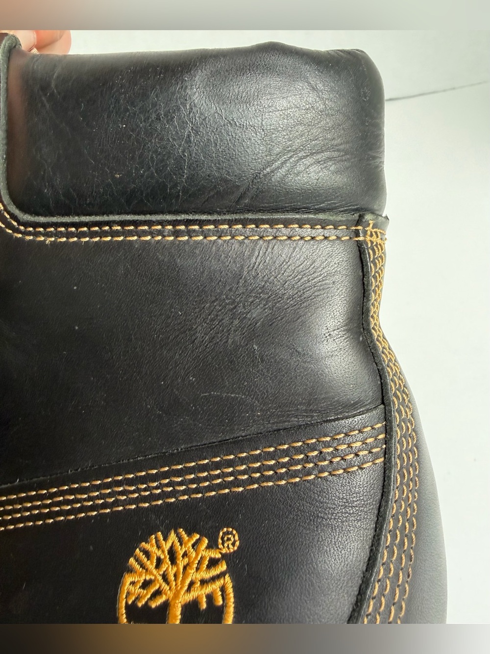 Mens Timberland Premium 6” Black Boots Sz 8 Smooth Leather Tan Stitching Work - Picture 14 of 15